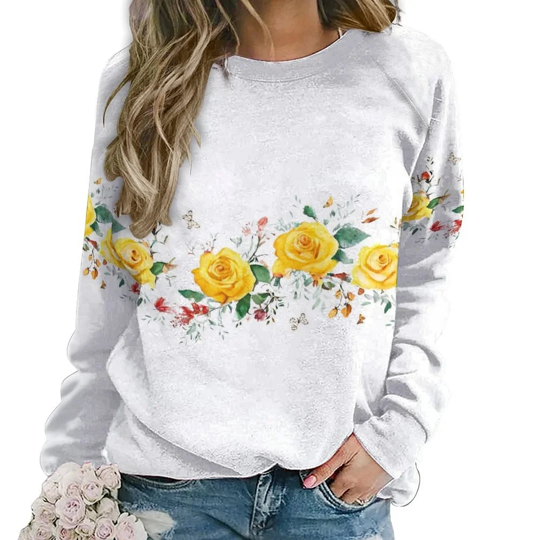 Printed Long Sleeve Casual Sweatshirt for  Women and Men Unisex Pattern Floral, Yellow, Pink