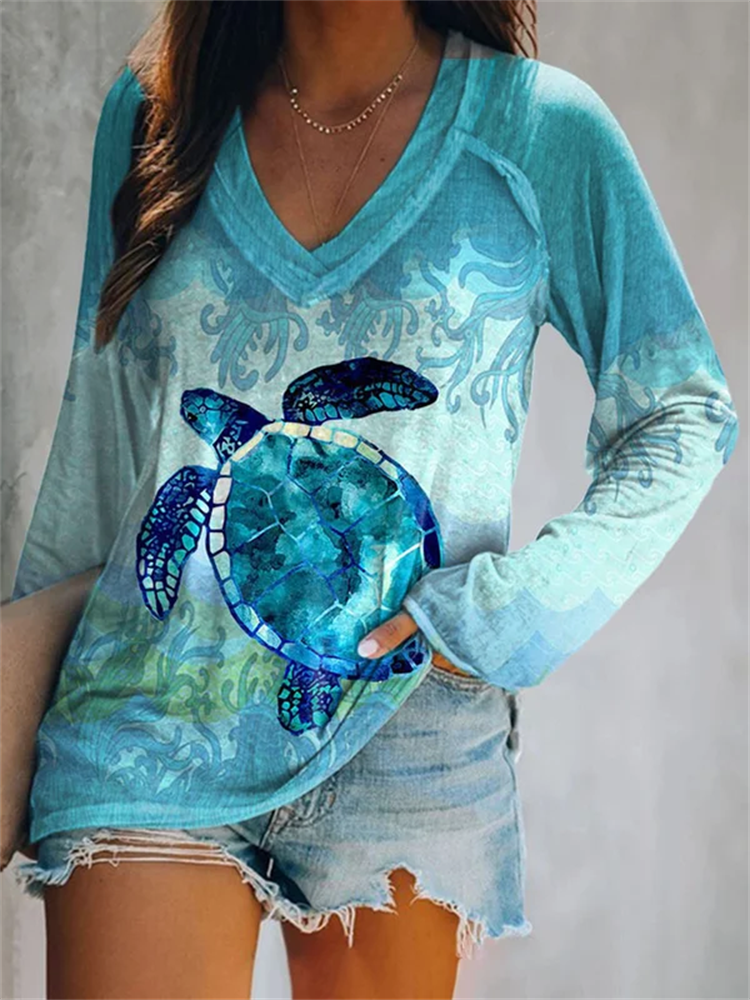 Women's Casual Turtle Print Long Sleeve T-Shirt