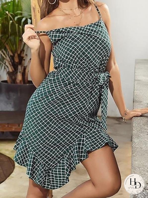 Asymmetry Sling Ruffle Plaid Dress