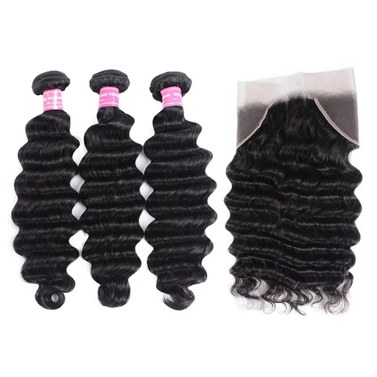 Indian Loose Deep Wave 3 Bundles with Frontal Closure on deals