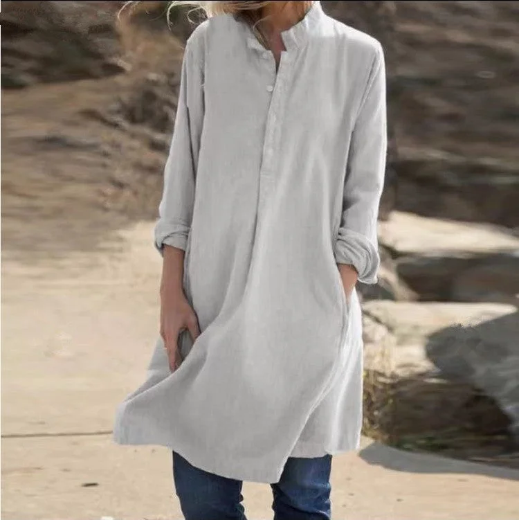 New cotton linen stand collar open button long sleeve dress women socialshop