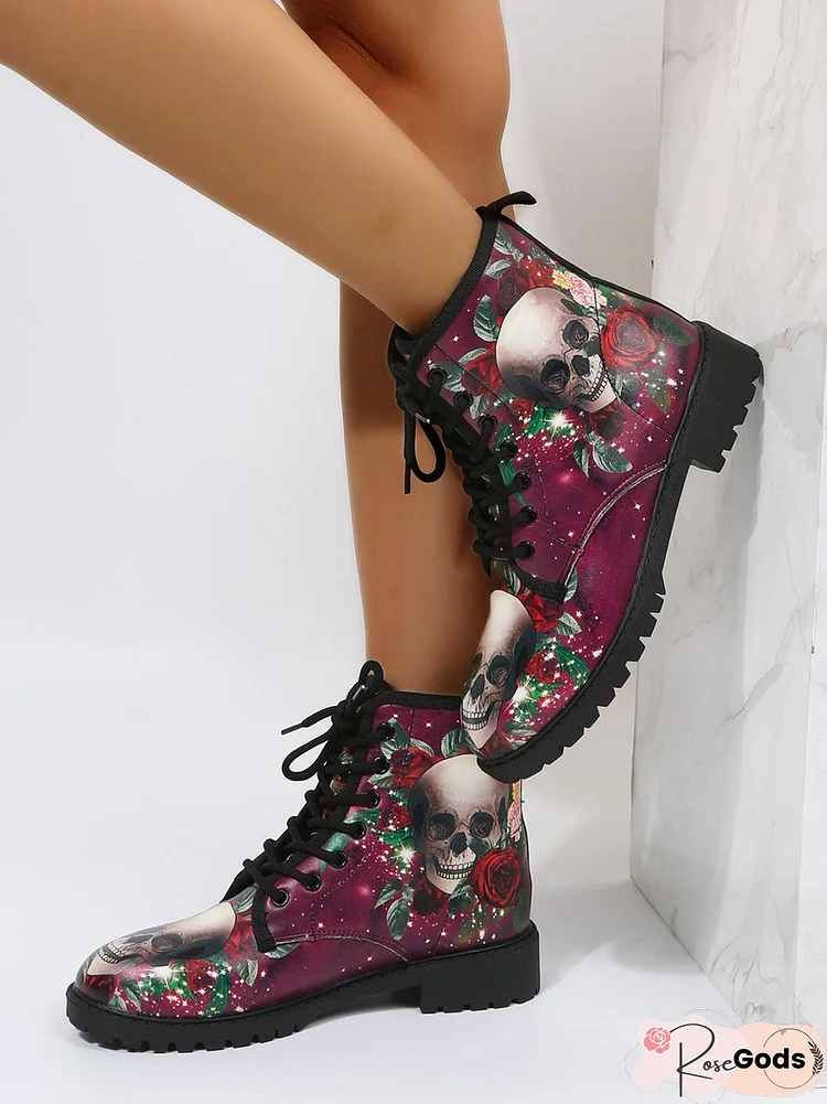 Halloween Skull Rose Lace-Up Booties