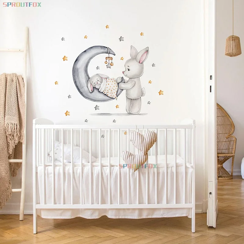 Bunny Good Night Wall Stickers For Children's Room Wallpaper Kids Rooms Animal Pattern Wall Stickers Child Wall Decorative Vinyl