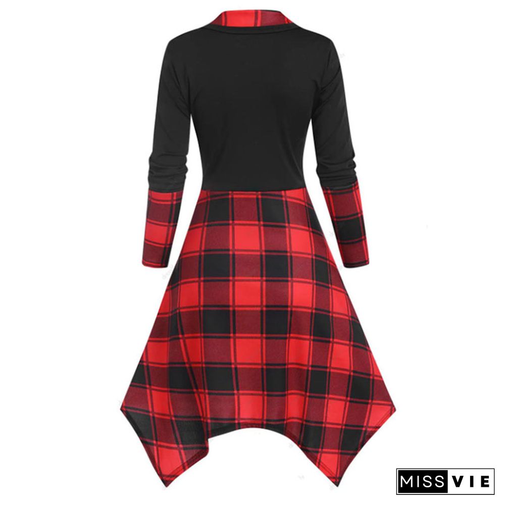 Lapel Button Decor Plaid Splice Irregular Dress