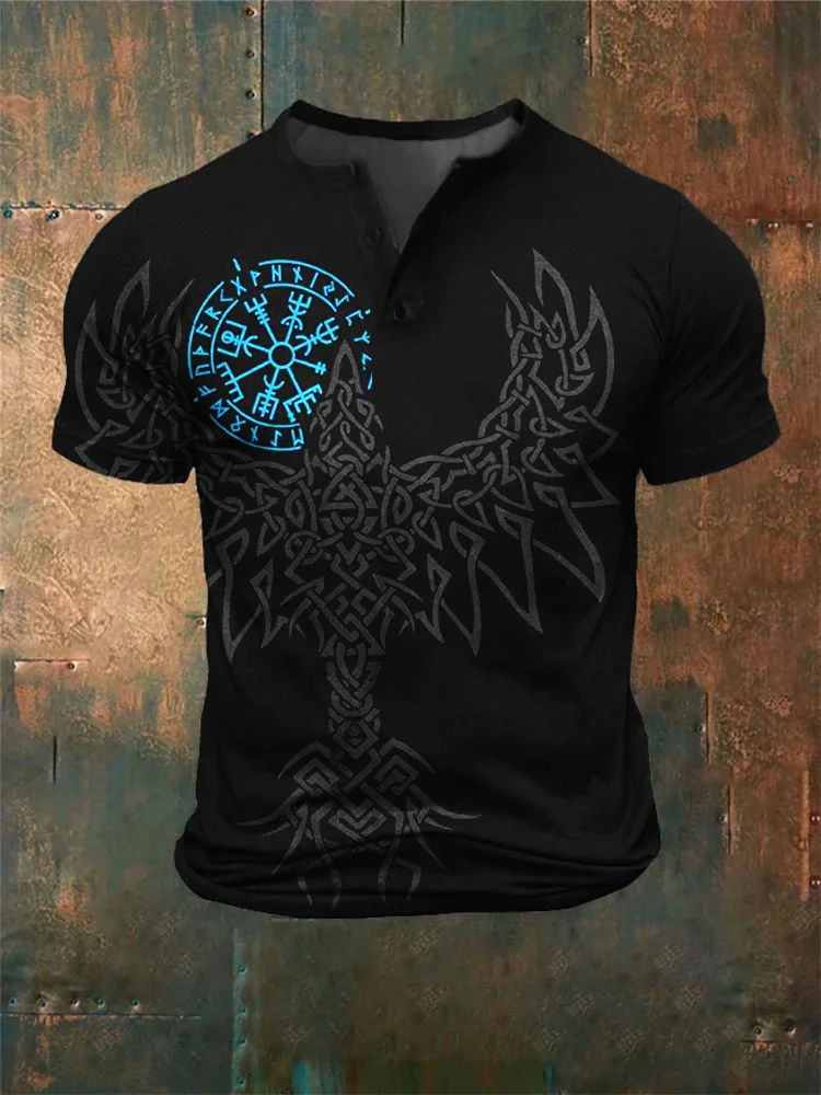 BrosWear Men's Viking Vegvisir Celtic Raven Graphic Henley Shirt