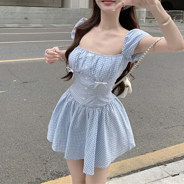Gingham Dress Puff-Sleeve Kerchief Bow A-Line Mini /