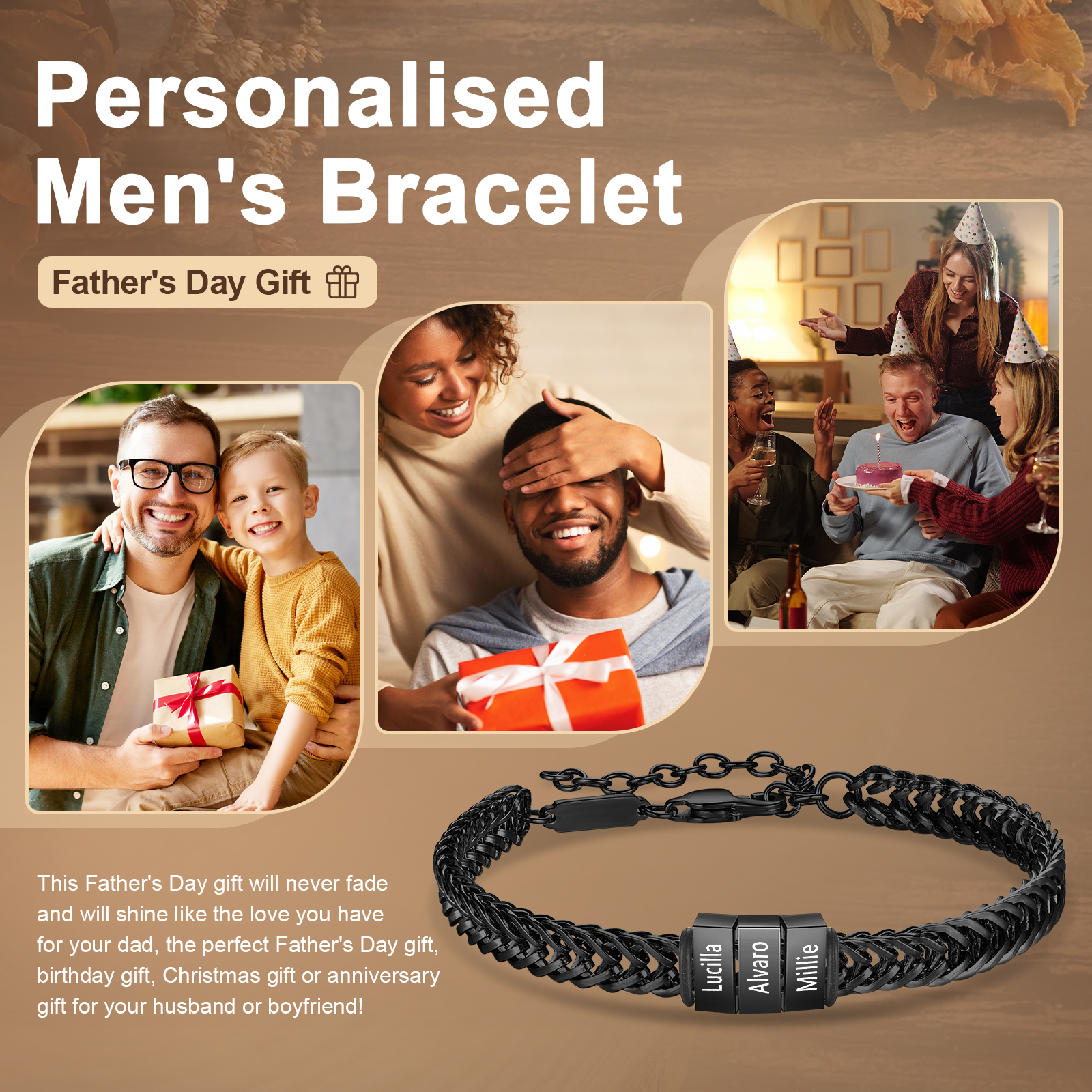 Braccialetto acciaio inox personalizzato con 4 nomi per uomo