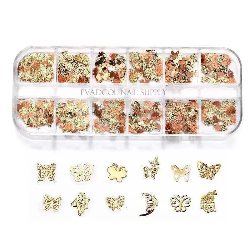 12 Grids Gold Nail Sequins Butterfly Metallic Slice Glitter 3D Acrylic Nails Flakes Manicure Decoration-Nail Inspo
