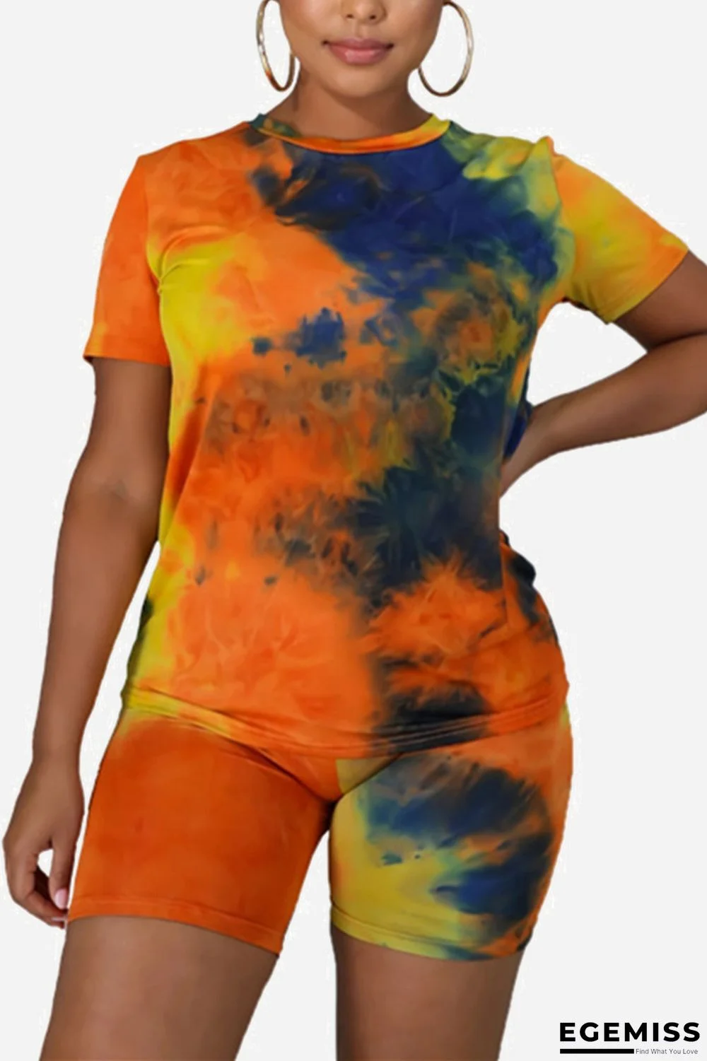 Orange Casual O Neck Print Tie Dye Pattern Plus Size | EGEMISS