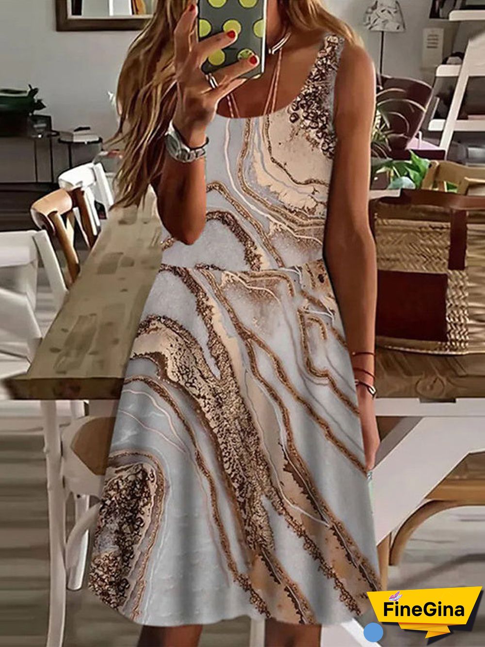Women's Sleeveless Scoop Collar Floral Printed Midi Dress