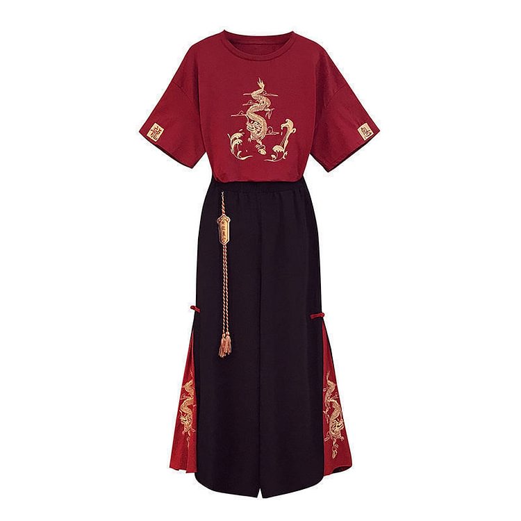 Vintage Dragon Embroidery T-Shirt Tassel Pants Set - Modakawa Modakawa
