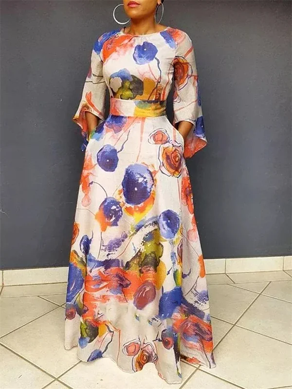 Contrast Color Pockets High Waisted Loose Round-neck Maxi Dresses