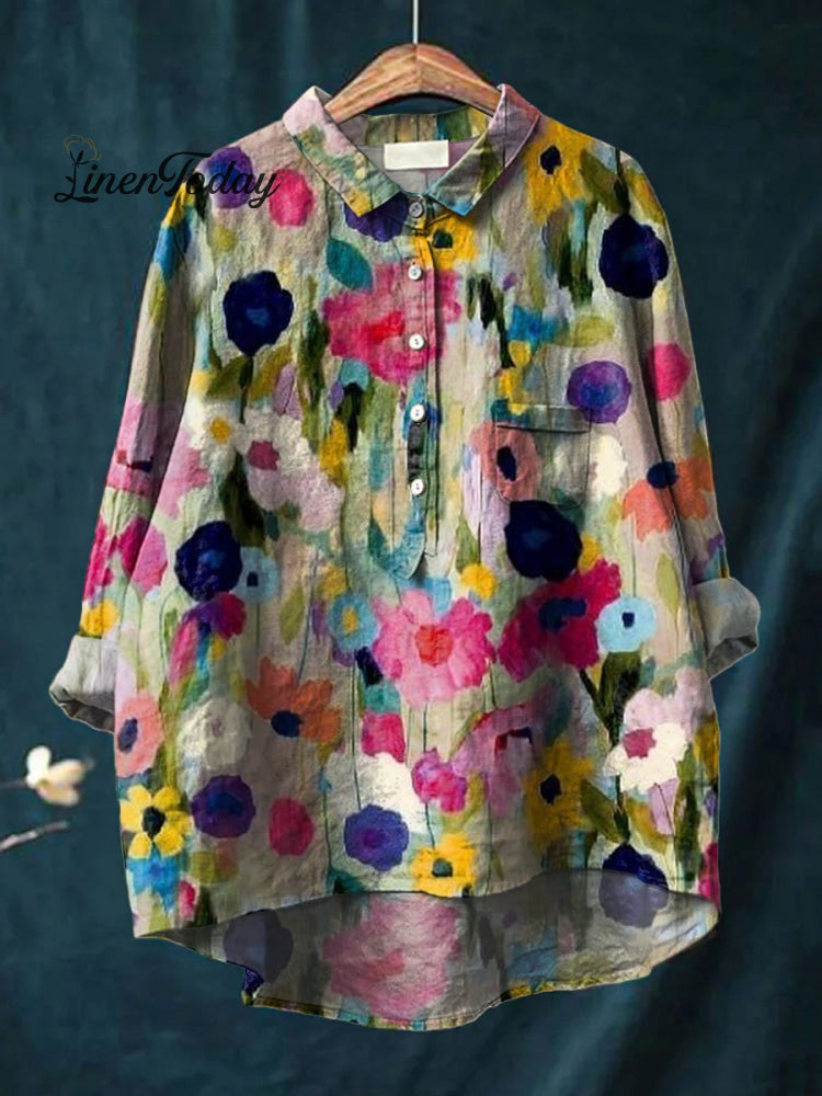 Women’s Vintage Colorful Floral Art Print Casual Cotton And Linen Shirt Multicolor / S