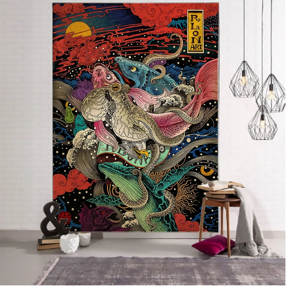 Print Blanket Kanagawa Wave Tapestry Wall Hanging Bohemian Bed Hippie Japanese Illustration Kawaii Bedroom Home Decor