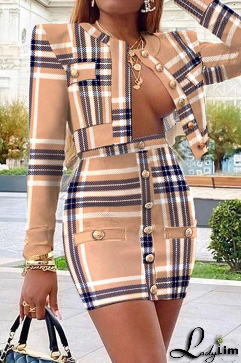 Black Fashion Sweet Plaid Solid Split Joint Buckle Buttons Long Sleeve Two Pieces