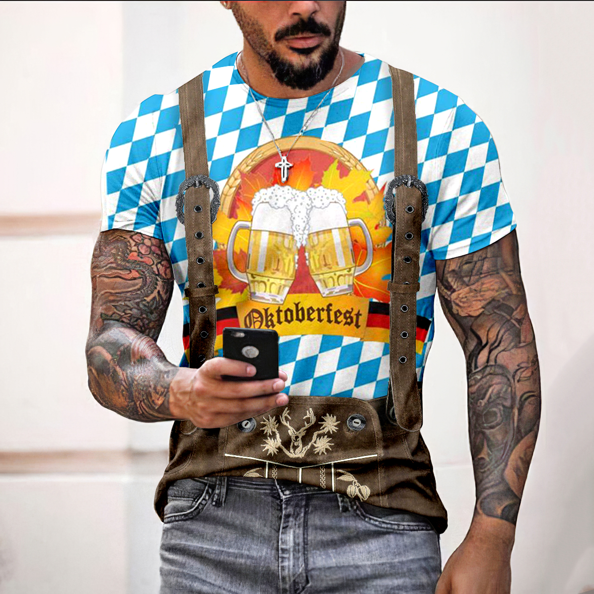 Comstylish Men's Oktoberfest Beer Plaid Print Vintage T-Shirt