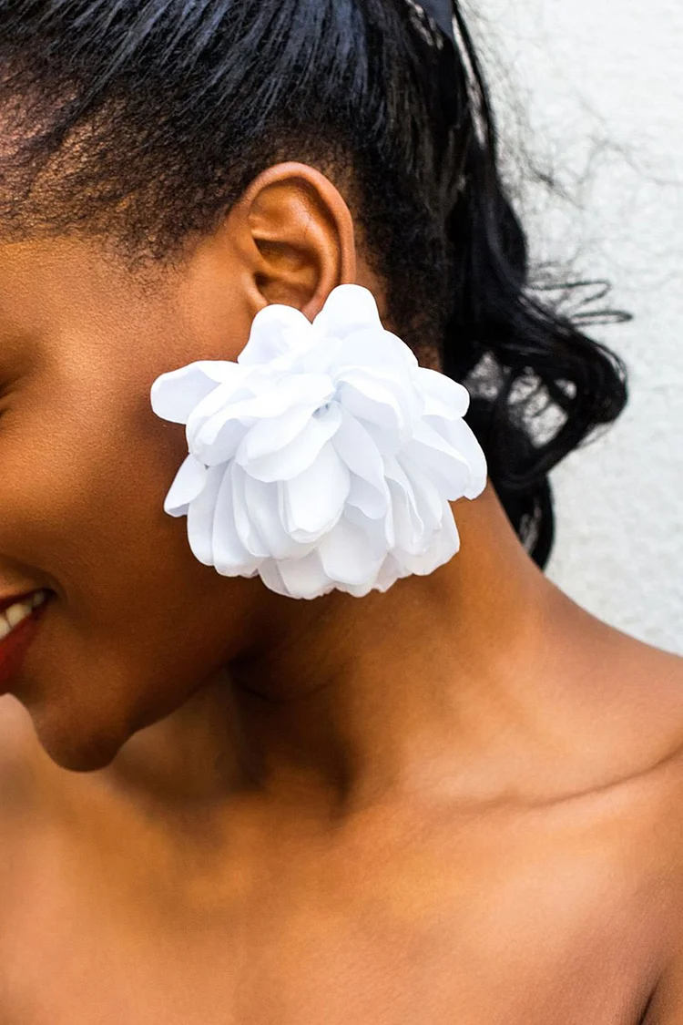 Fashion White Big Flowers Handmade Satin Earrings