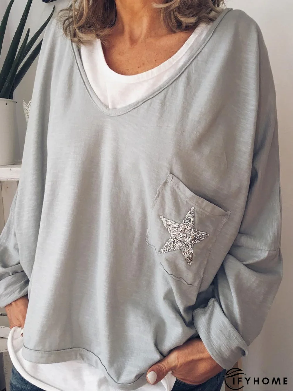 Grey Holiday Cotton-Blend Pockets V Neck Tunic Top | IFYHOME