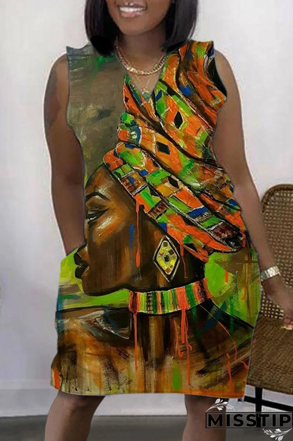 Cyan Casual Print Basic V Neck Sleeveless Dress Dresses