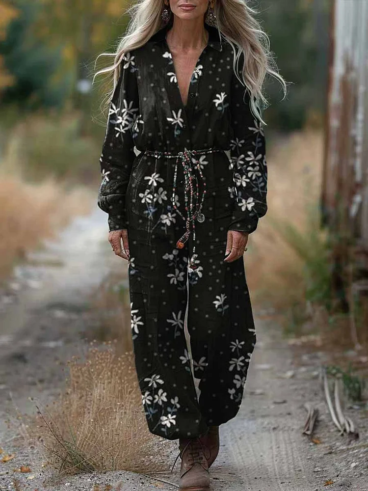 Women's Shirt Collar Floral Pattern Casual Cotton Wide Leg Jumpsuit