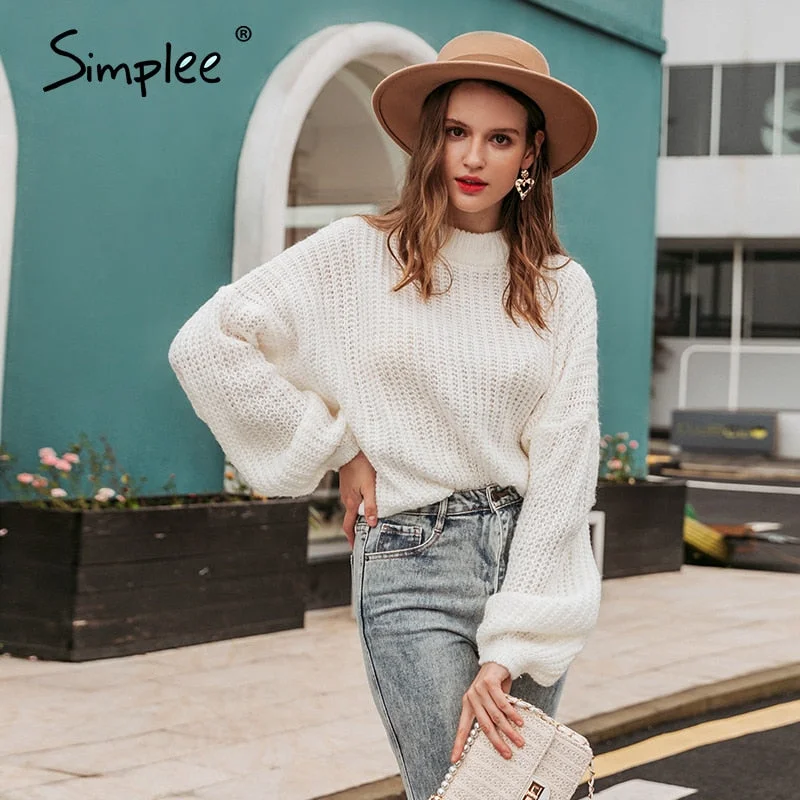 Simplee Winter lantern sleeve knitted sweater pullover Women loose O-neck solid sweater Female autumn casual sweater jumper new