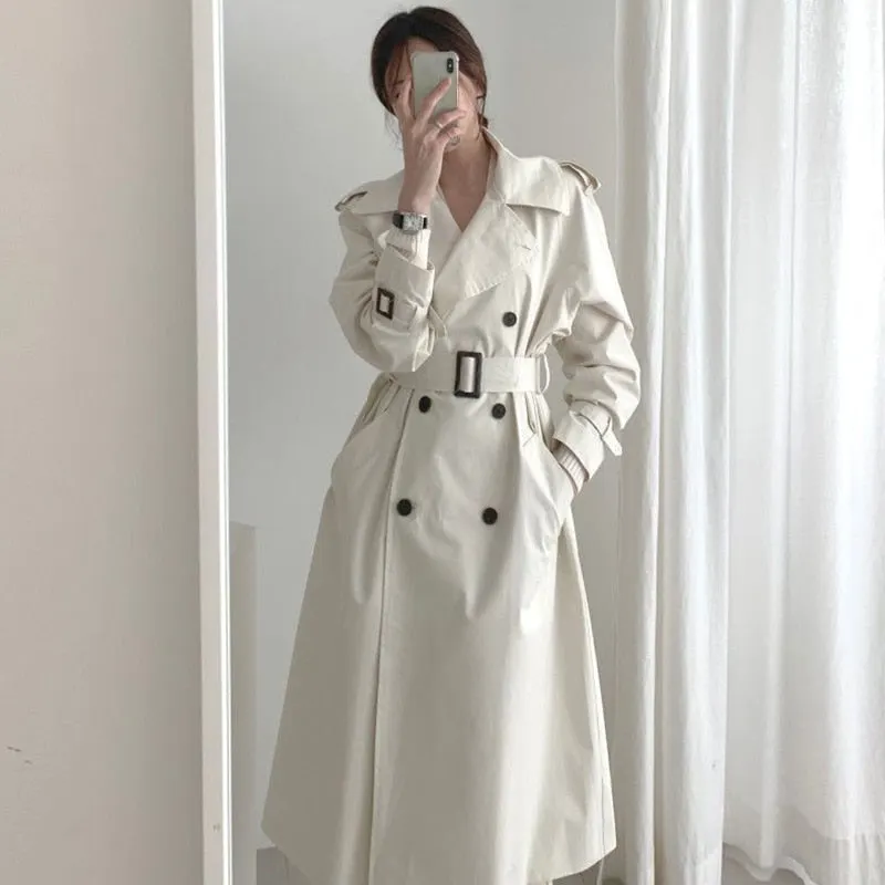 Ailegogo Autumn Women Chic White Long Trench Coat with Belt Vogue Loose Fit Double Breasted Turn Down Collar Windbreaker Outwear