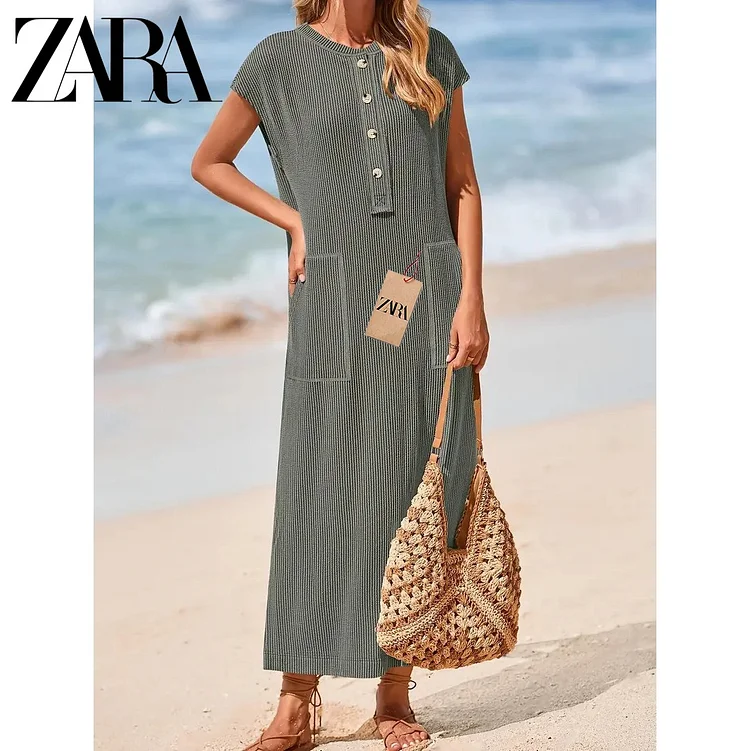 Tavaszi/nyári pamut és lenvászon ruha kerek nyakkivágással, zsebekkel és rövid ujjakkal @ZARA 2025