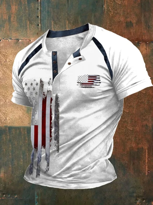 Men's Vintage Flag Printed V-Neck Button T-Shirt