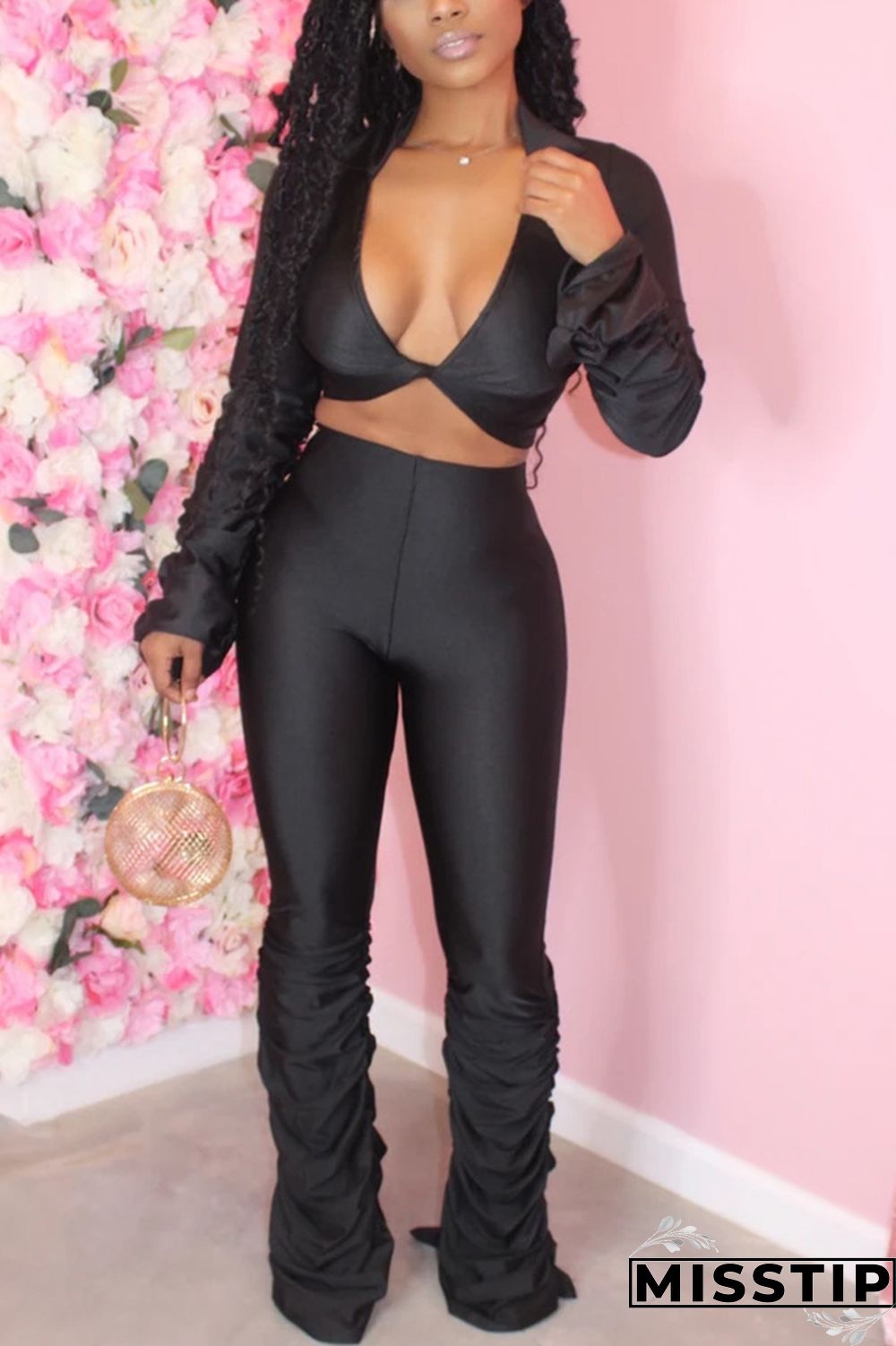 Grey Fashion Long Sleeve V-neck Top Slim Set