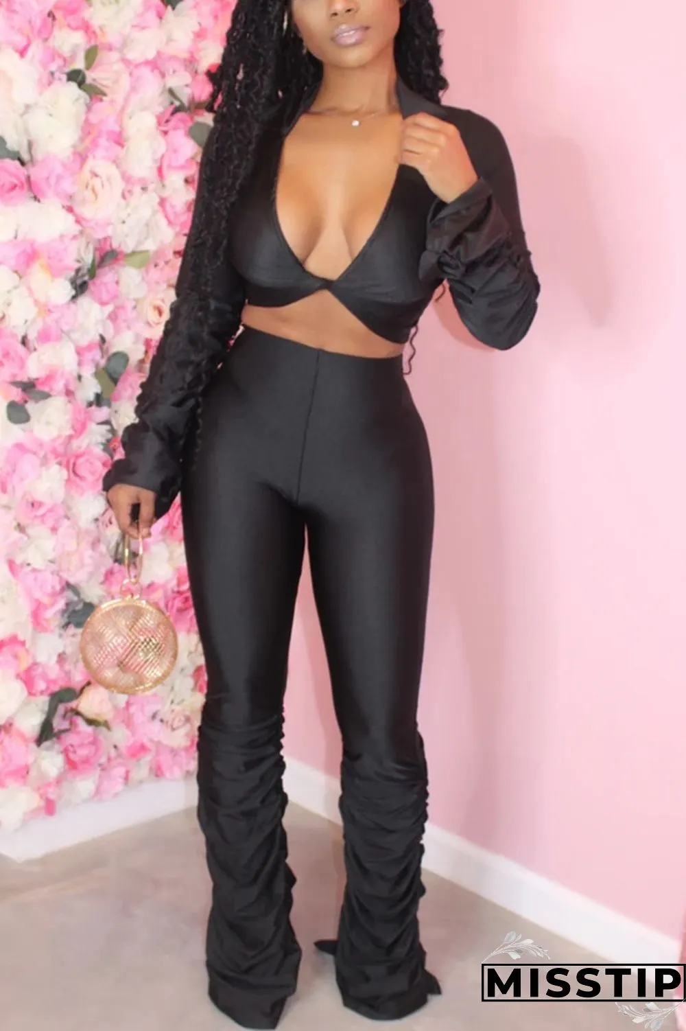Grey Fashion Long Sleeve V-neck Top Slim Set