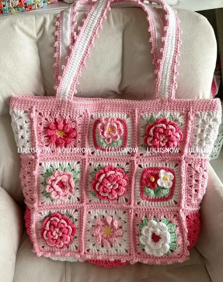 Lulusnow Handmade Pink 3D Flower Granny Square Crochet Tote Bag Shoulder Bag 