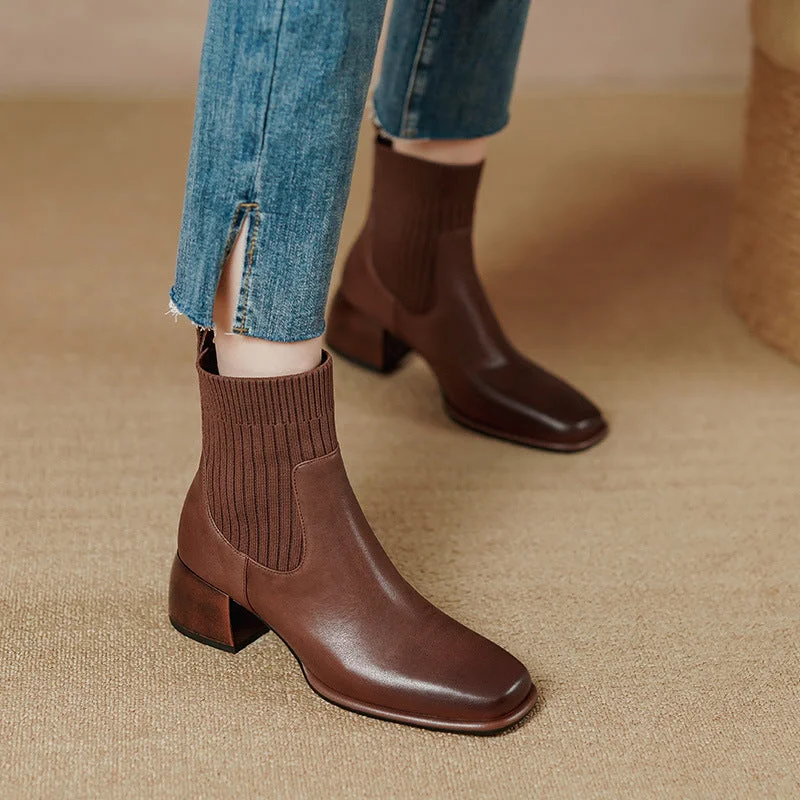 Classic Elegant Chelsea Boots Leather Stretch Boots Mid Heel Square Toe Sock Boots Brown/Black