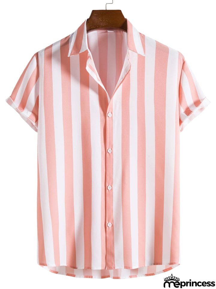 Men's Vertical Striped Button Down Aloha Shirt for Beach