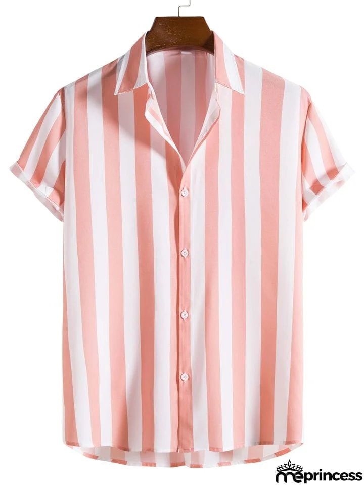 Men's Vertical Striped Button Down Aloha Shirt for Beach