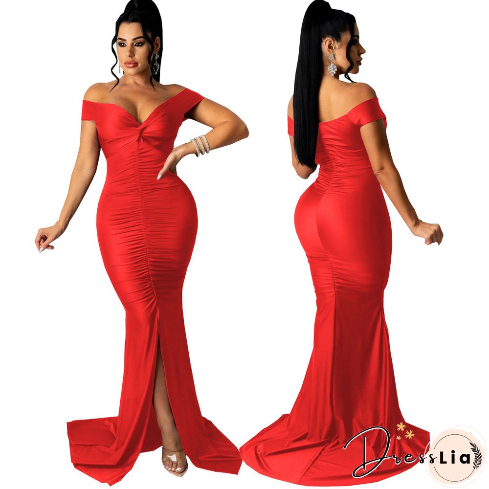 Low Cut Slash Neck Ruched Split Maxi Cocktail Dresses