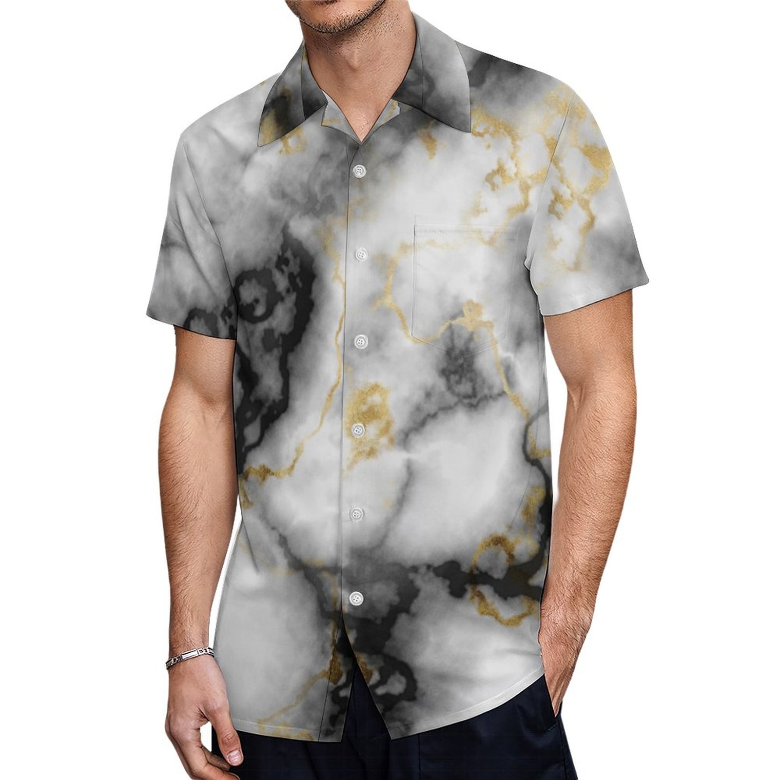 Marble Vein Gray Gold White Agate Geode Texture Hawaiian Shirt Mens Button Down Tropical Hawaii Beach Shirts