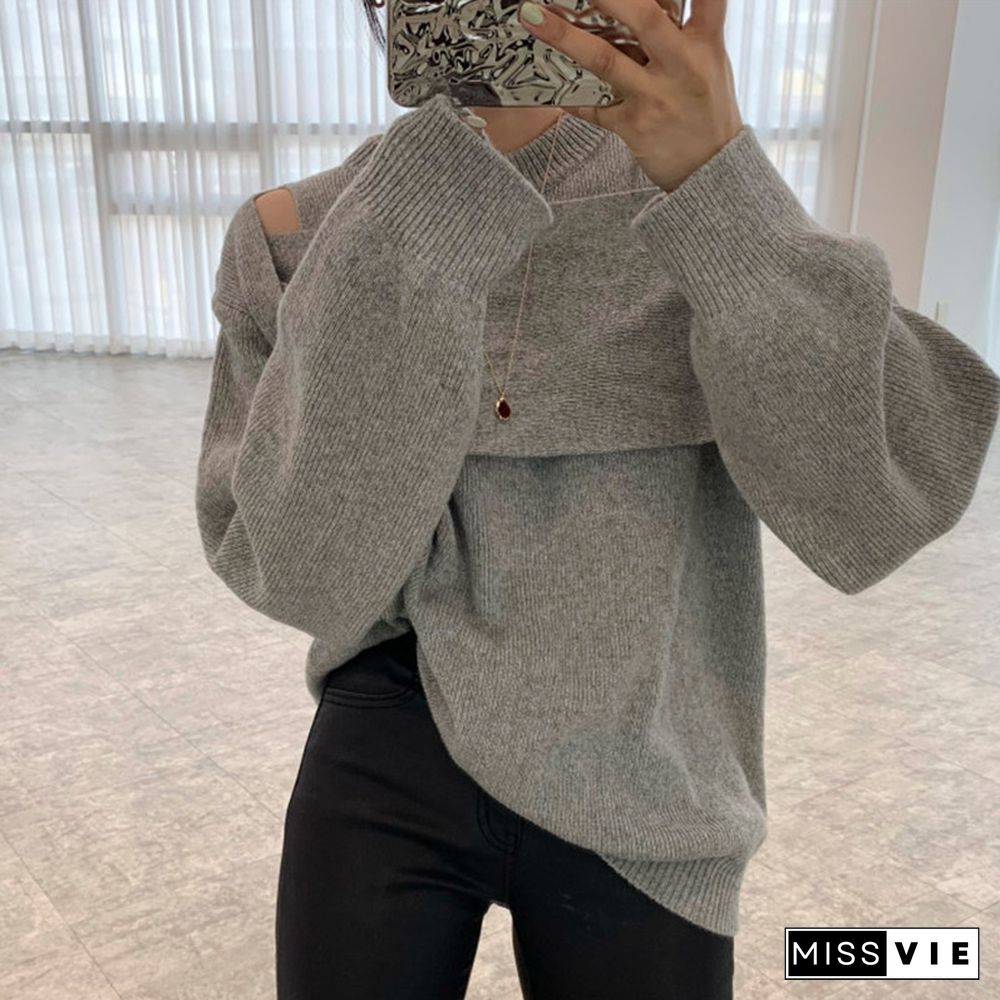Chic Design Cold Shoulder Pure Color Sweater