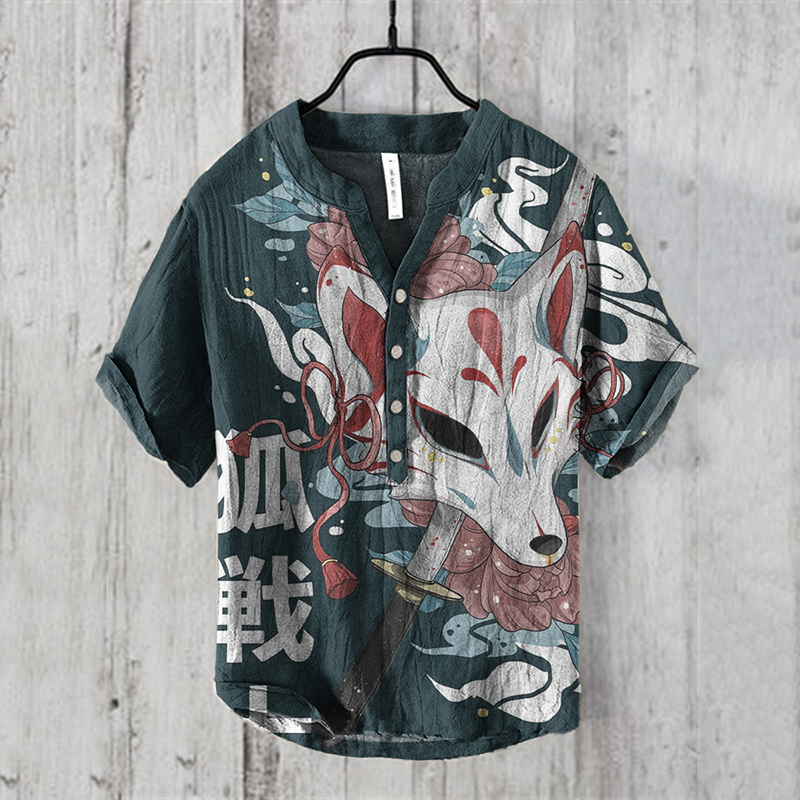 Men's Japanese Art Fox Print Linen Blend Shirt