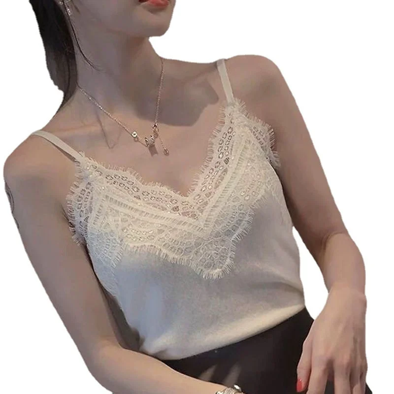 Uveng Uveng Sling Vest Women In Autumn With Velvet Thick Lace Knitted Bottom Shirt Sleeveless Top In Trend