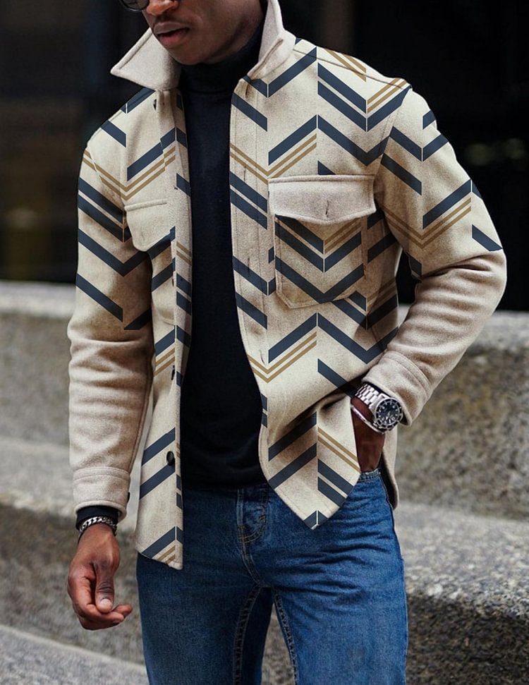 Men's Fashion Geometric Print Pattern Long Sleeve Jacket