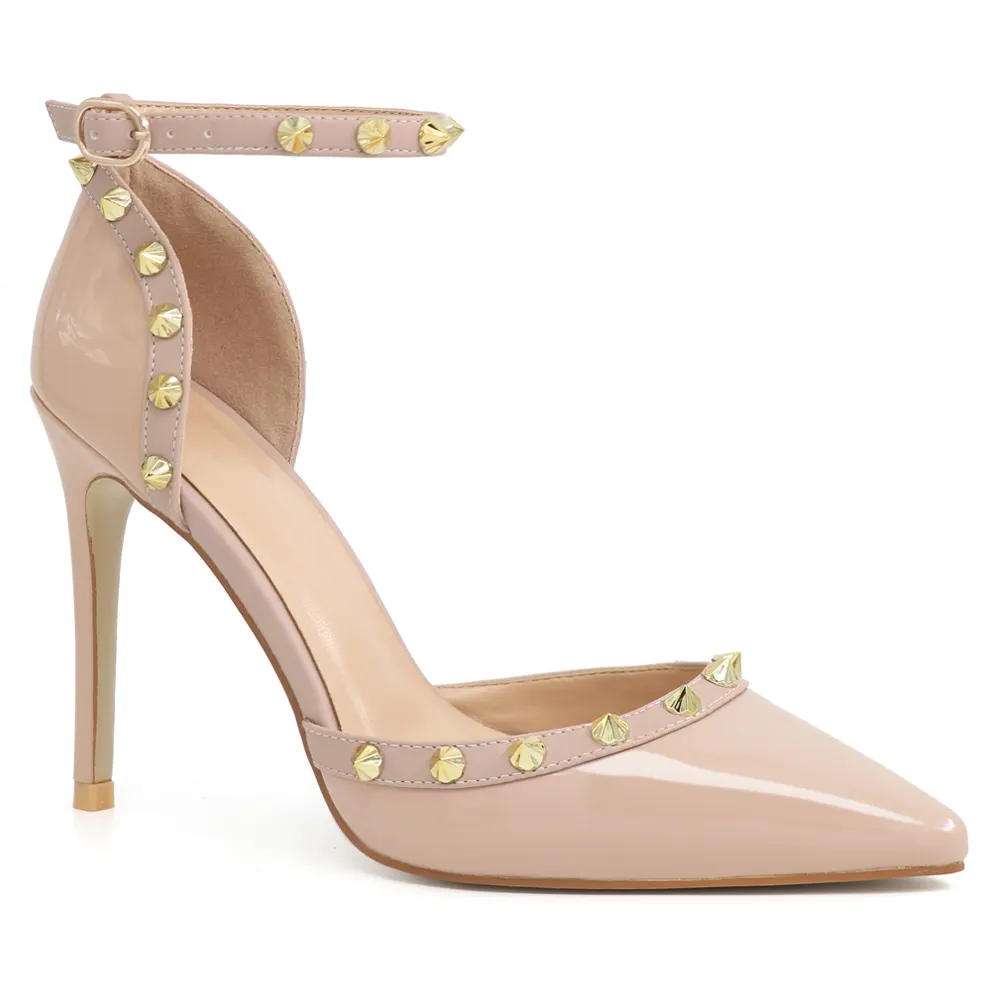 100mm Womens Pointed Toe Pumps Golden Point Rivets Ankle Strap Sandals-vocosishoes