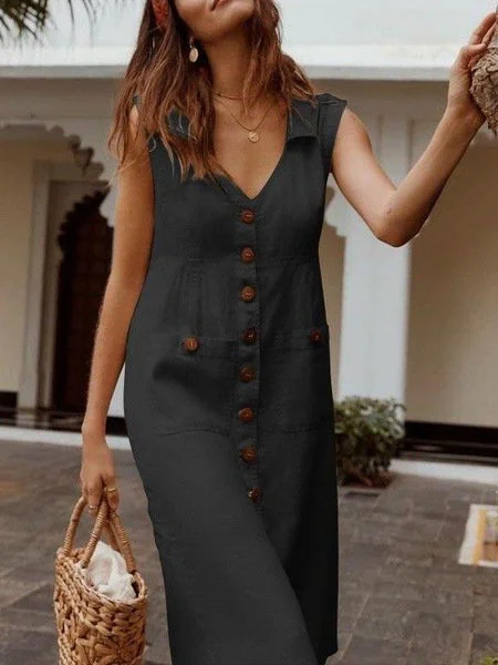 Sleeveless Casual V Neck Shift Maxi Dress