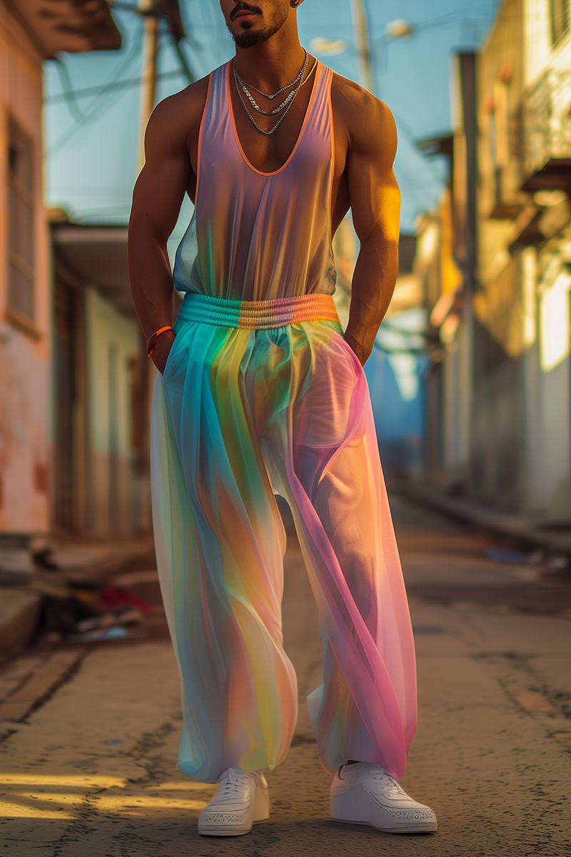 Ciciful Rainbow Gradient Chiffon Deep U Neck Tank Top Pants Two Piece Set