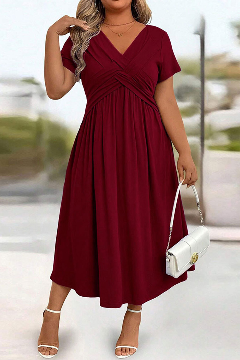 Plus Size Everyday Burgundy Cross Front Pocket Midi Dress 2024 - Flycurvy 