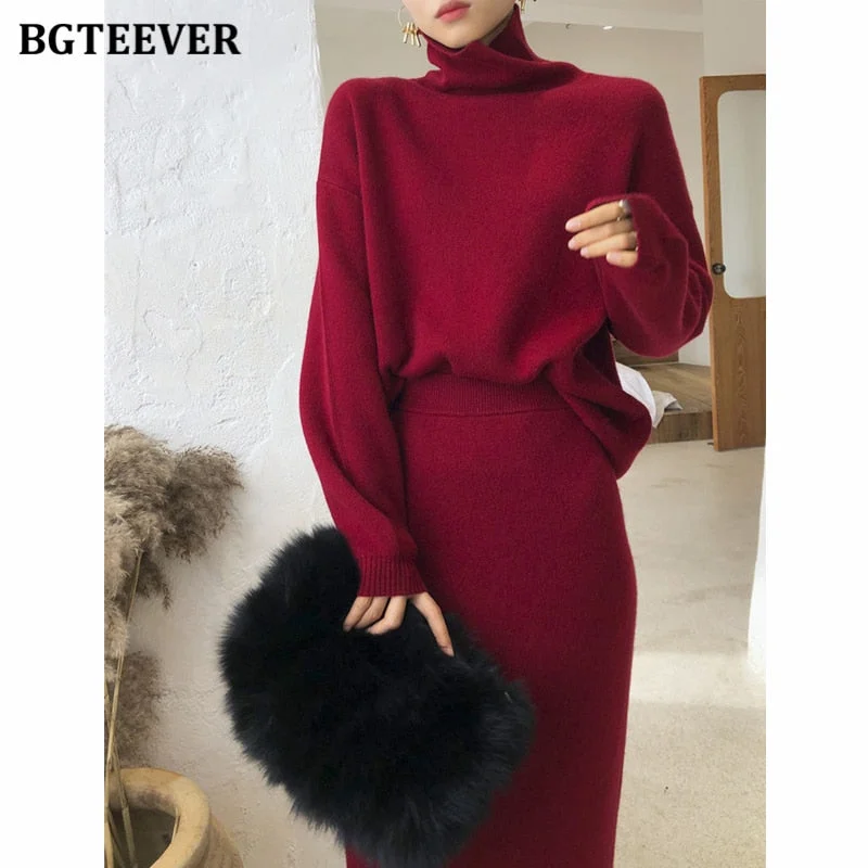 BGTEEVER Autumn Winter Ladies 2 Pieces Sweater Set Women Turtleneck Pullover Jumpers & Elastic Mid-length Pencil Knitted Skirts