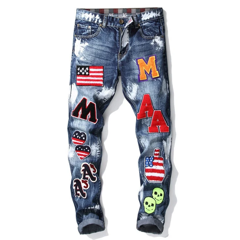 2021 AUTUMN Winter Men's Patchwork Ripped Embroidered Stretch Jeans Trendy Holes Straight Denim Trouers