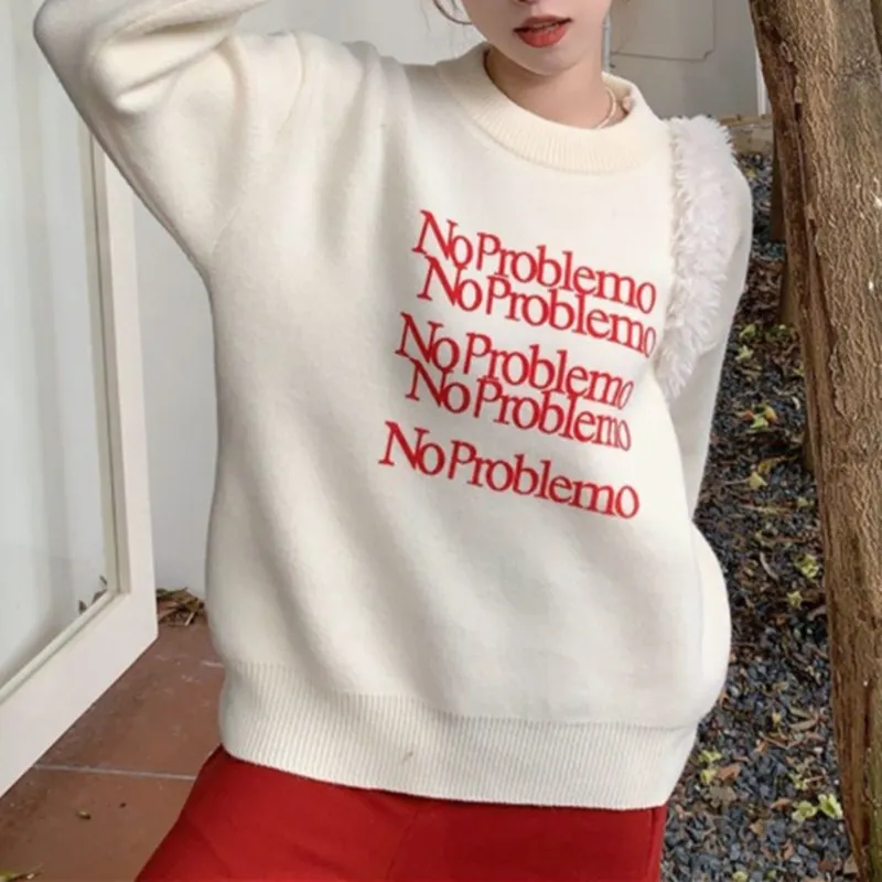 Churchf Churchf Style Letter Print Head Sweater Female Autumn Winter Show Thin Loose Lazy Casual Sense Sweater Top