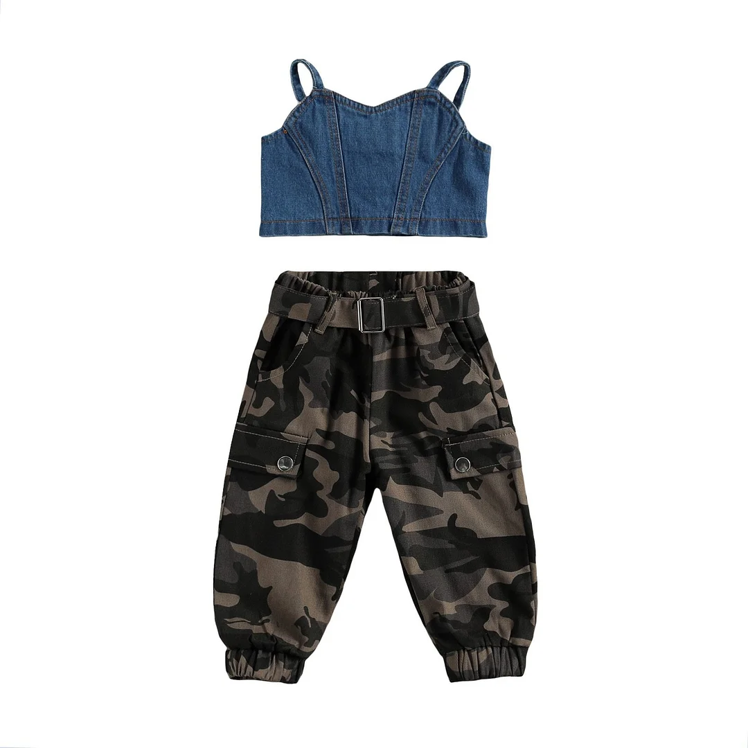 2021 Baby Summer Clothing 2Pcs Toddler Baby Girl Summer Outfits, Casual Button Down Denim Crop Tank Tops + Camouflage Pants Set