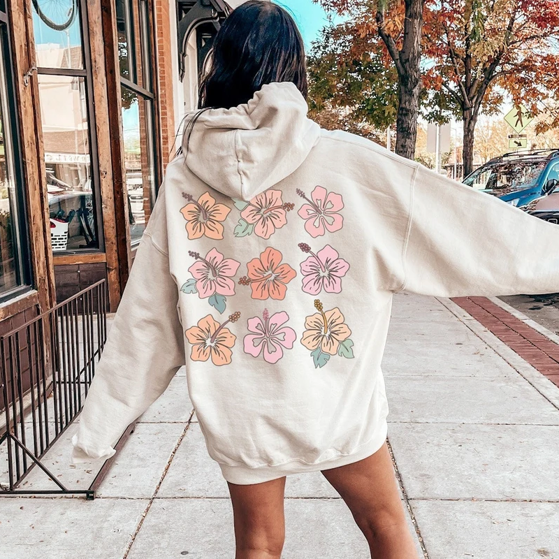thesupersurf Women's Surf Hibiscus Flowers Hawaiian Floral Pattern Print White Hoodie 