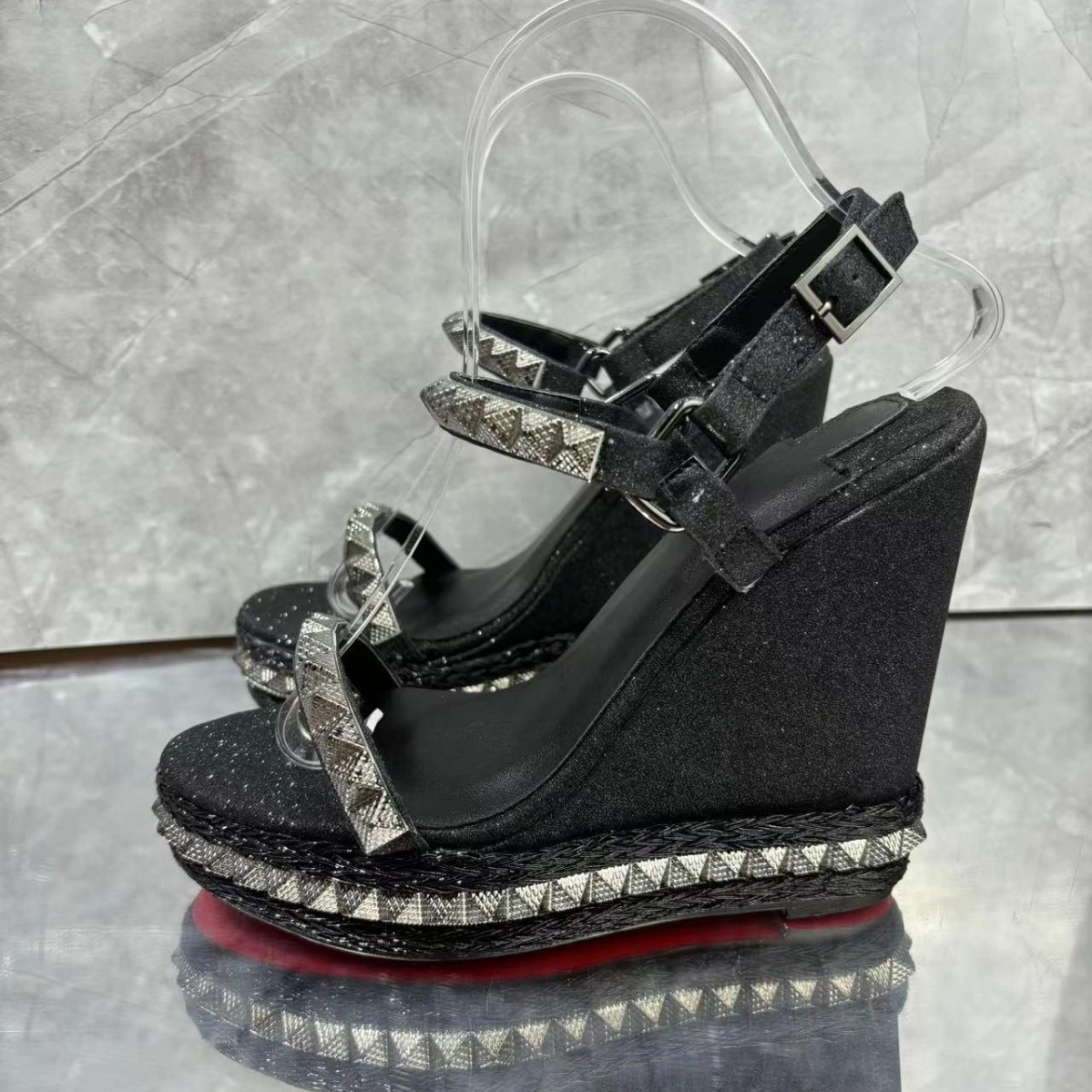  120mm/4.72 Inch Rivet Wedge Sandals Women's Summer New Woven One-piece Waterproof Platform Thick Red Bottom Sandals-vocosishoes